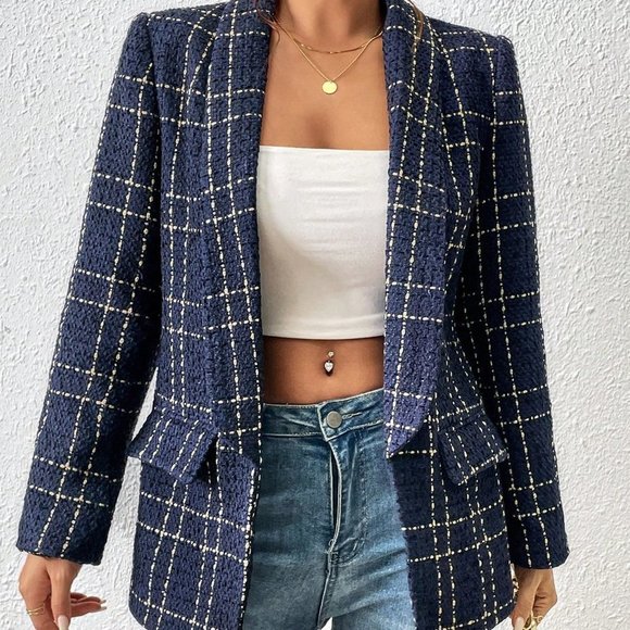 Blue Casual Womens Houndstooth Print Open Front Blazer - Picture 3 of 5